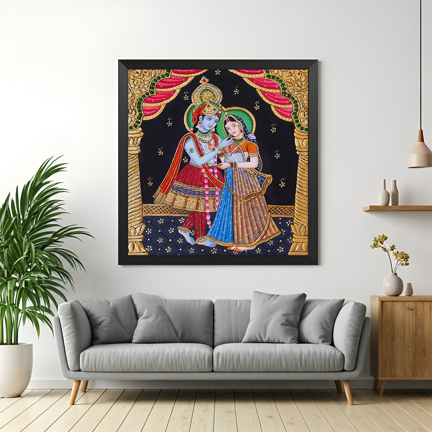 Radha Krishna Tanjore-style canvas painting in black floater frame for pooja room and ethnic home wall decor
