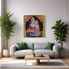 Radha Krishna Tanjore canvas in golden floater frame for traditional Indian interior and spiritual home decoration