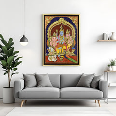 Golden frame Tanjore painting of Shiv Parivar – spiritual canvas wall decor for Indian homes and devotional interiors