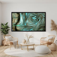 Abstract teal canvas wall art with flowing marble texture in black floater frame above sofa in contemporary living room decor