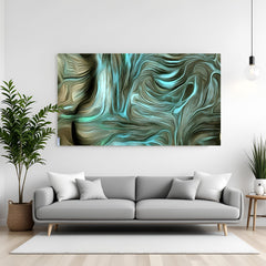 Teal abstract canvas wall art with fluid marble texture in green and beige tones displayed above sofa in modern living room canvas wrap decor