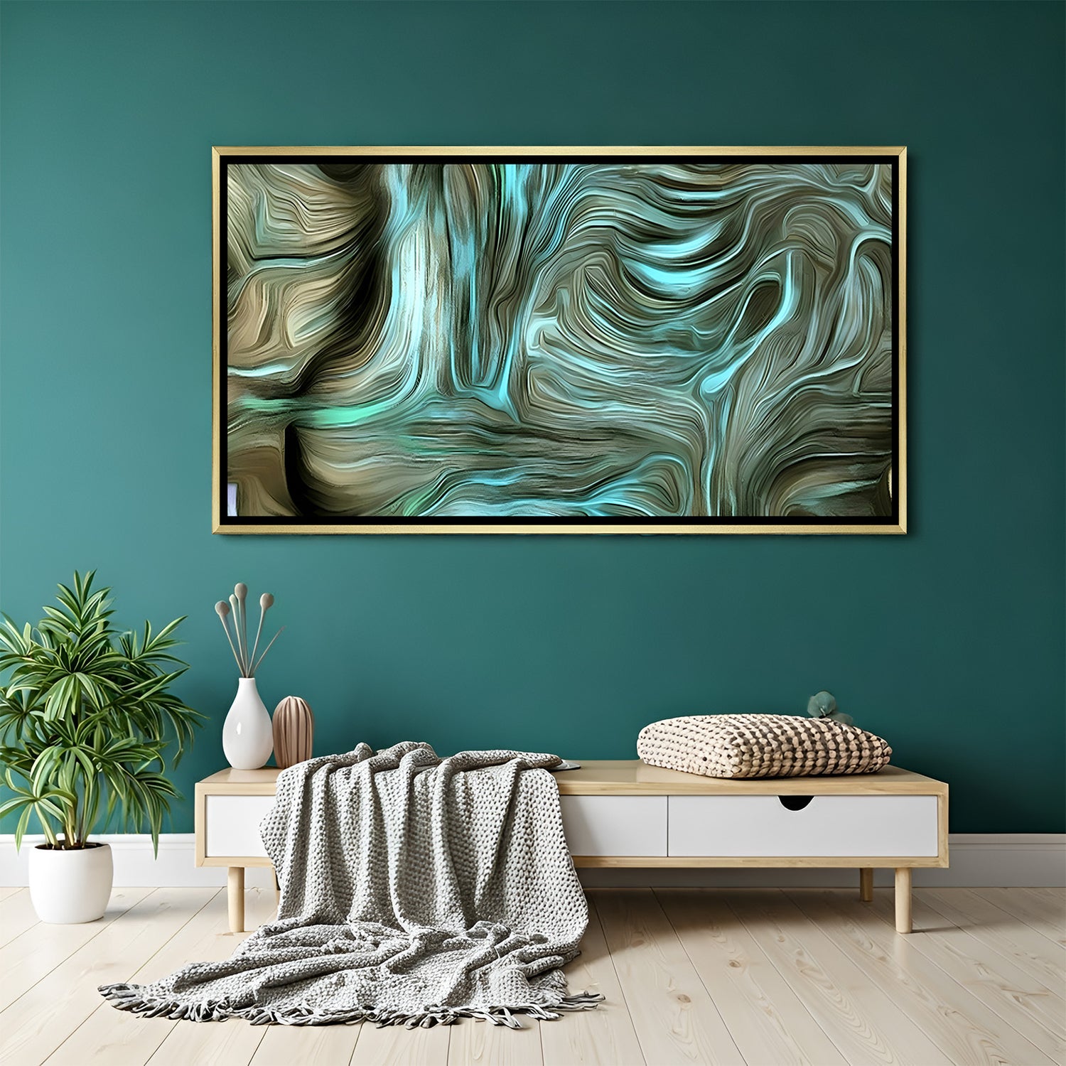 Teal abstract canvas wall art with fluid green and gold tones in golden floater frame displayed in elegant modern living room decor