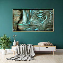 Teal abstract canvas wall art with fluid green and gold tones in golden floater frame displayed in elegant modern living room decor