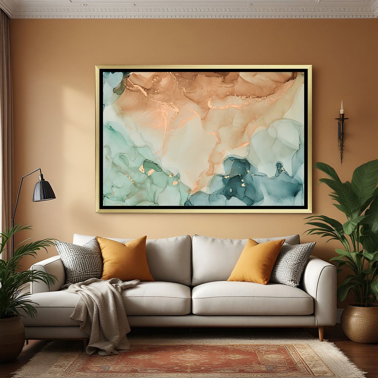Premium pastel teal and peach marble abstract canvas wall art in golden frame for luxury decor