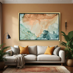 Premium pastel teal and peach marble abstract canvas wall art in golden frame for luxury decor