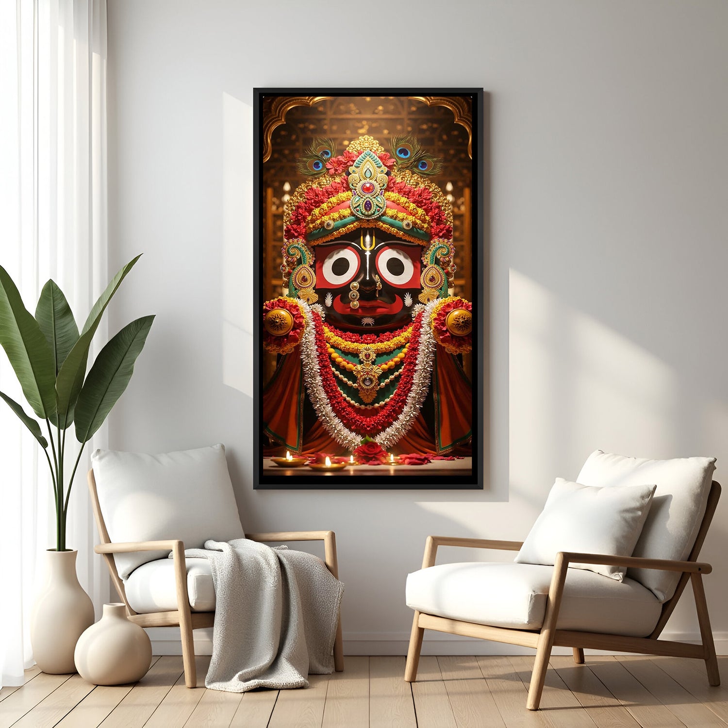Jagannath devotional artwork with ceremonial floral decorations in elegant black floater frame