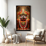 Jagannath devotional artwork with ceremonial floral decorations in elegant black floater frame