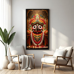 Jagannath devotional artwork with ceremonial floral decorations in elegant black floater frame