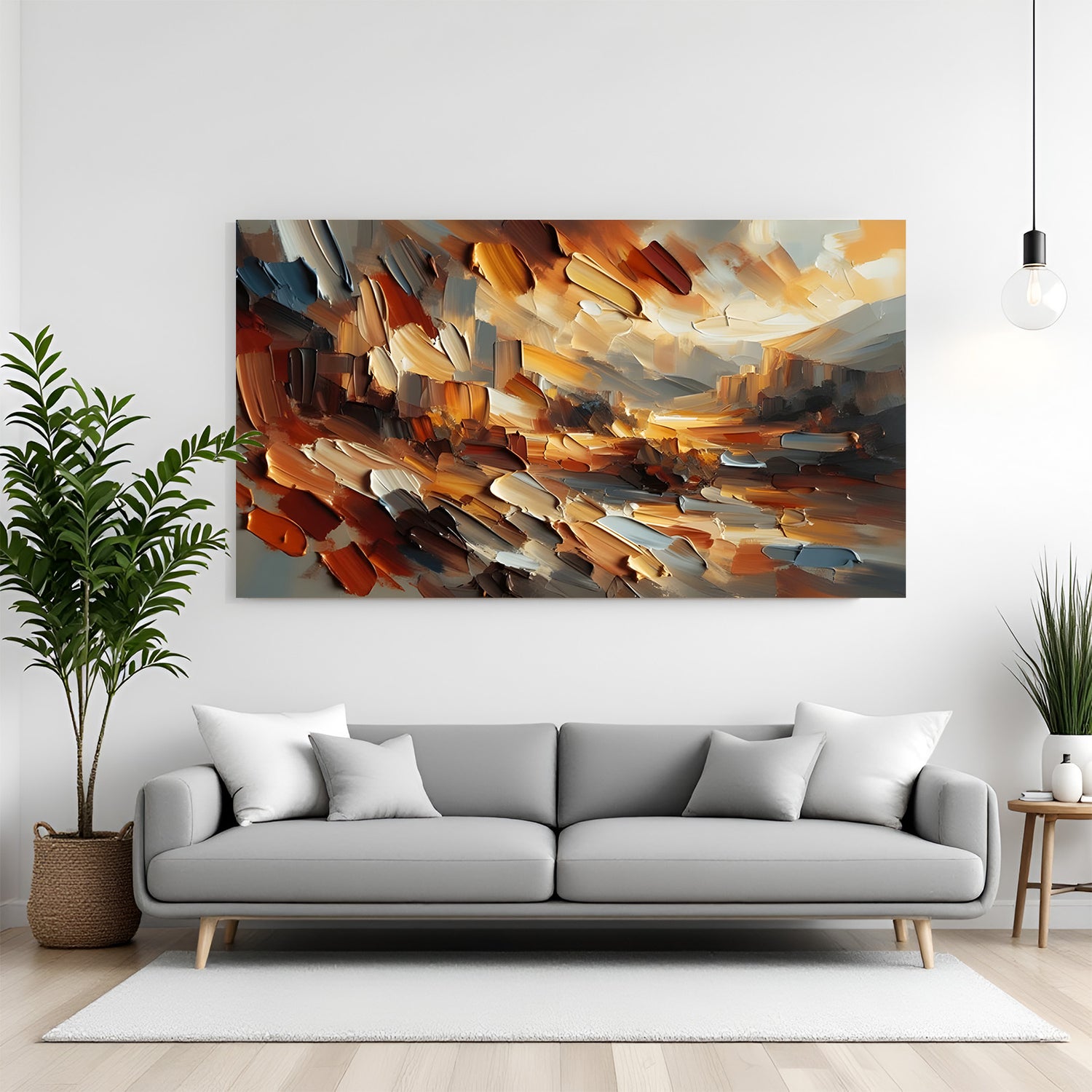Textured abstract canvas wall art with warm earth tones and palette knife strokes displayed above sofa in modern living room canvas wrap decor