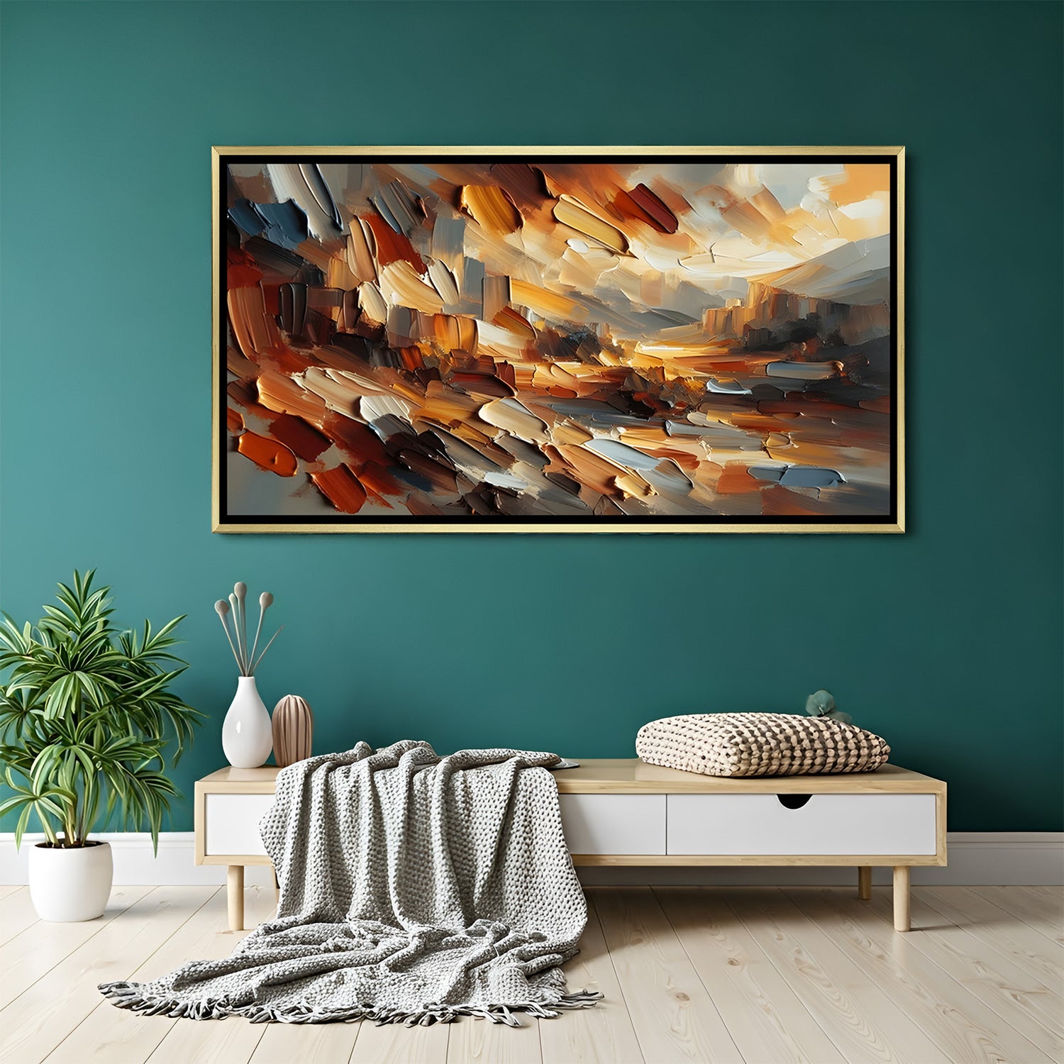 Textured abstract canvas wall art in warm brown and orange tones with golden floater frame displayed in elegant modern living room decor