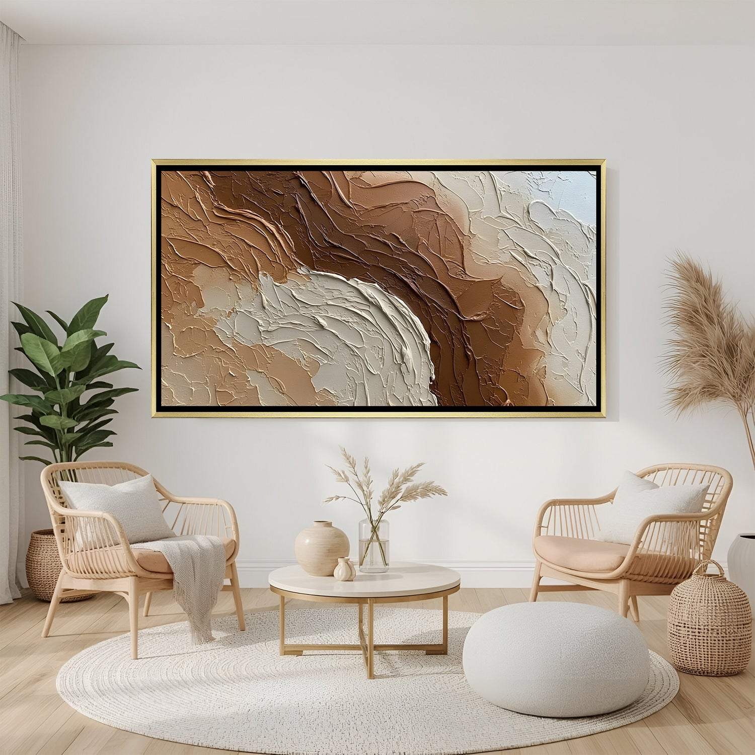 Textured neutral abstract canvas wall art in warm brown and beige tones with golden floater frame in elegant modern living room decor