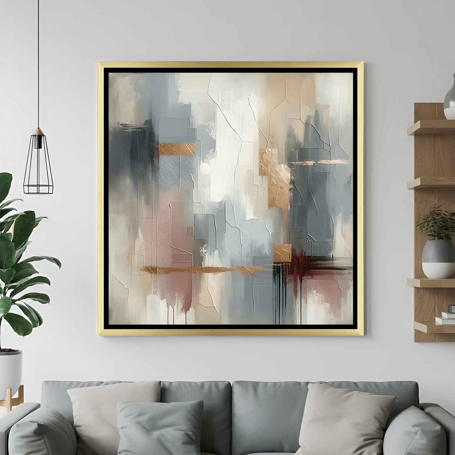 Abstract neutral geometric canvas art with golden frame