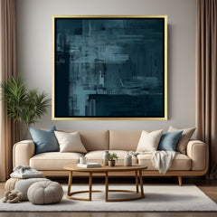 Abstract dark teal textured canvas art with golden frame