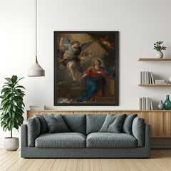 Black-framed vintage canvas print of The Annunciation—Baroque religious wall art for sacred and classic interiors