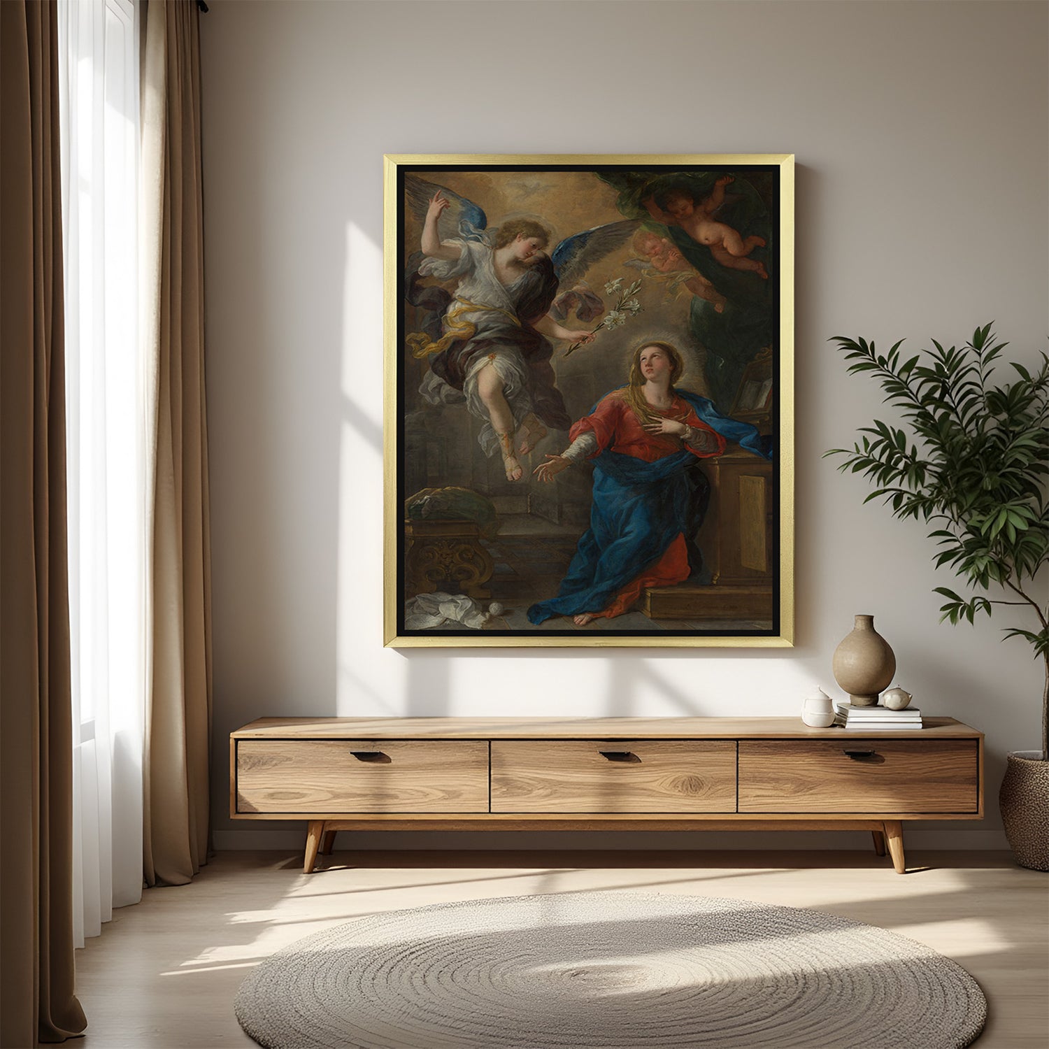 Golden-framed canvas printed wall art of The Annunciation—vintage spiritual decor in ancient European art style