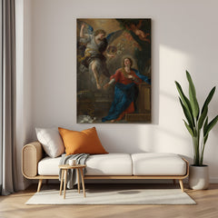 Vintage canvas wall art of The Annunciation by Luca Giordano—angel and Mary in ancient-style religious decor