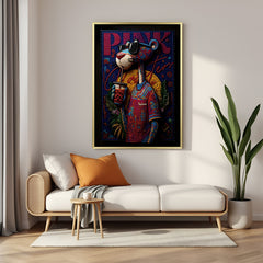 Luxury Pink Panther canvas artwork in golden floater frame featuring iconic cartoon character decor