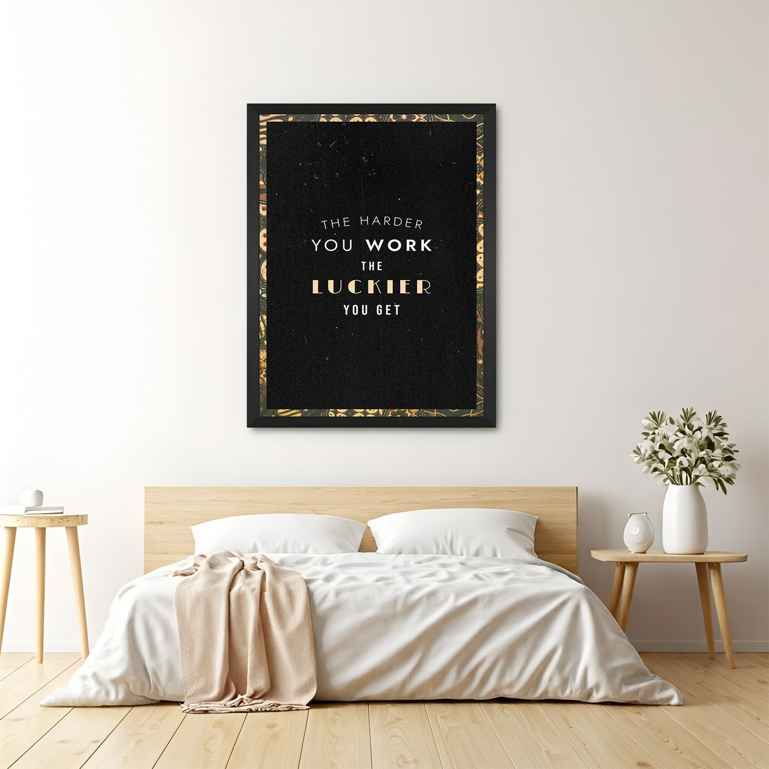The Harder You Work The Luckier You Get motivational canvas wall art with black floater frame
