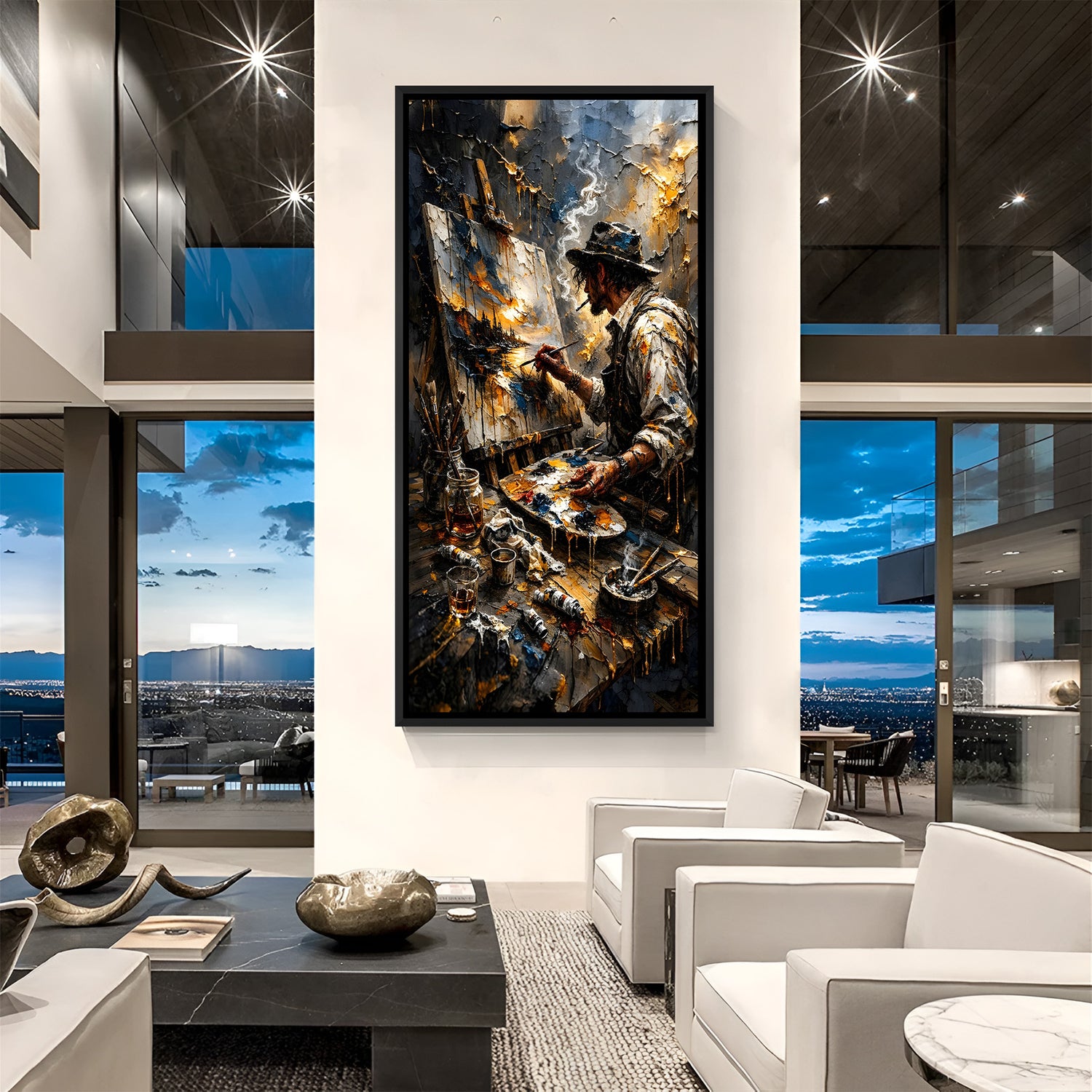 Modern artwork of painter creating art in elegant black floater frame with creative studio atmosphere
