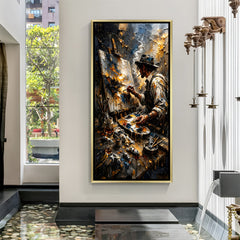 Artist making painting modern canvas artwork in wooden frame perfect for creative and artistic interiors