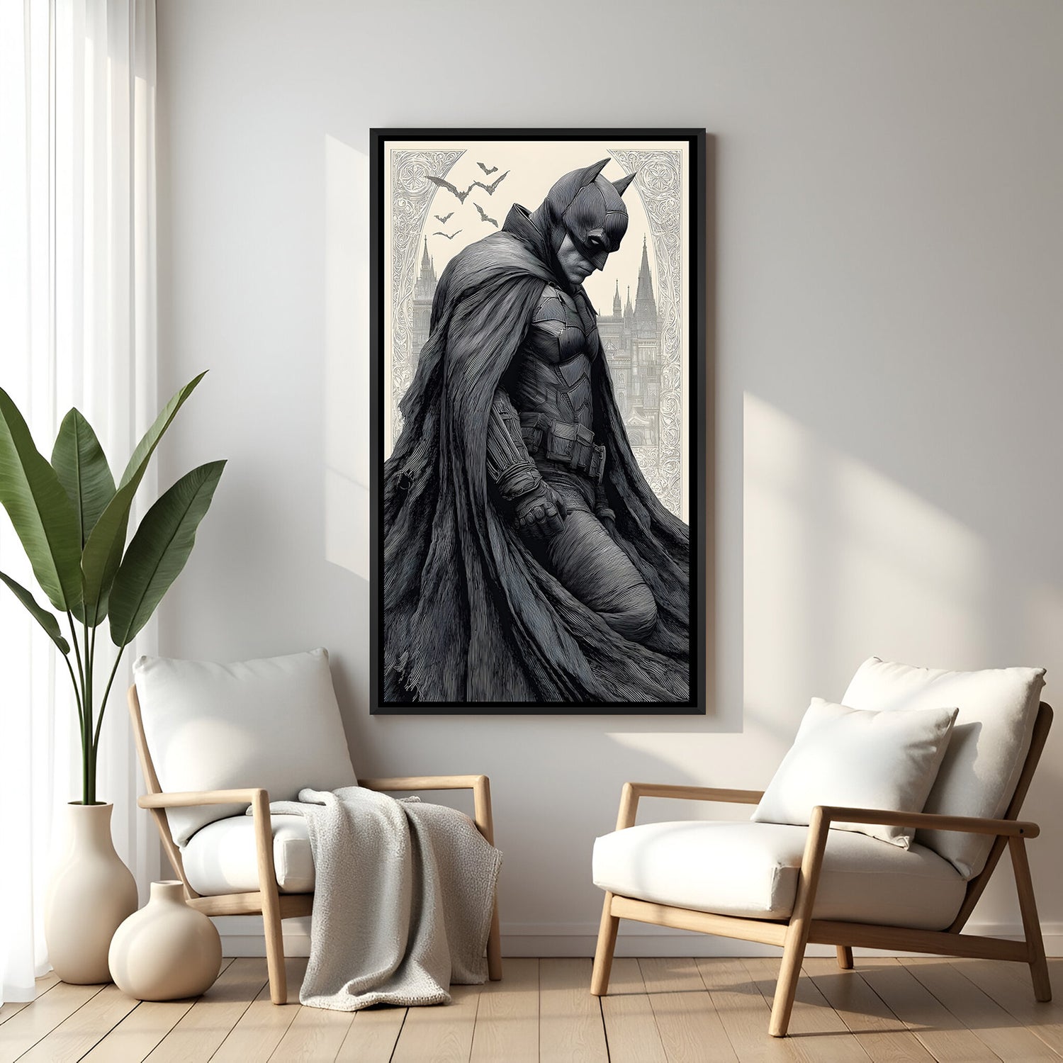 Batman emotional side profile artwork in elegant black floater frame with moody cinematic atmosphere