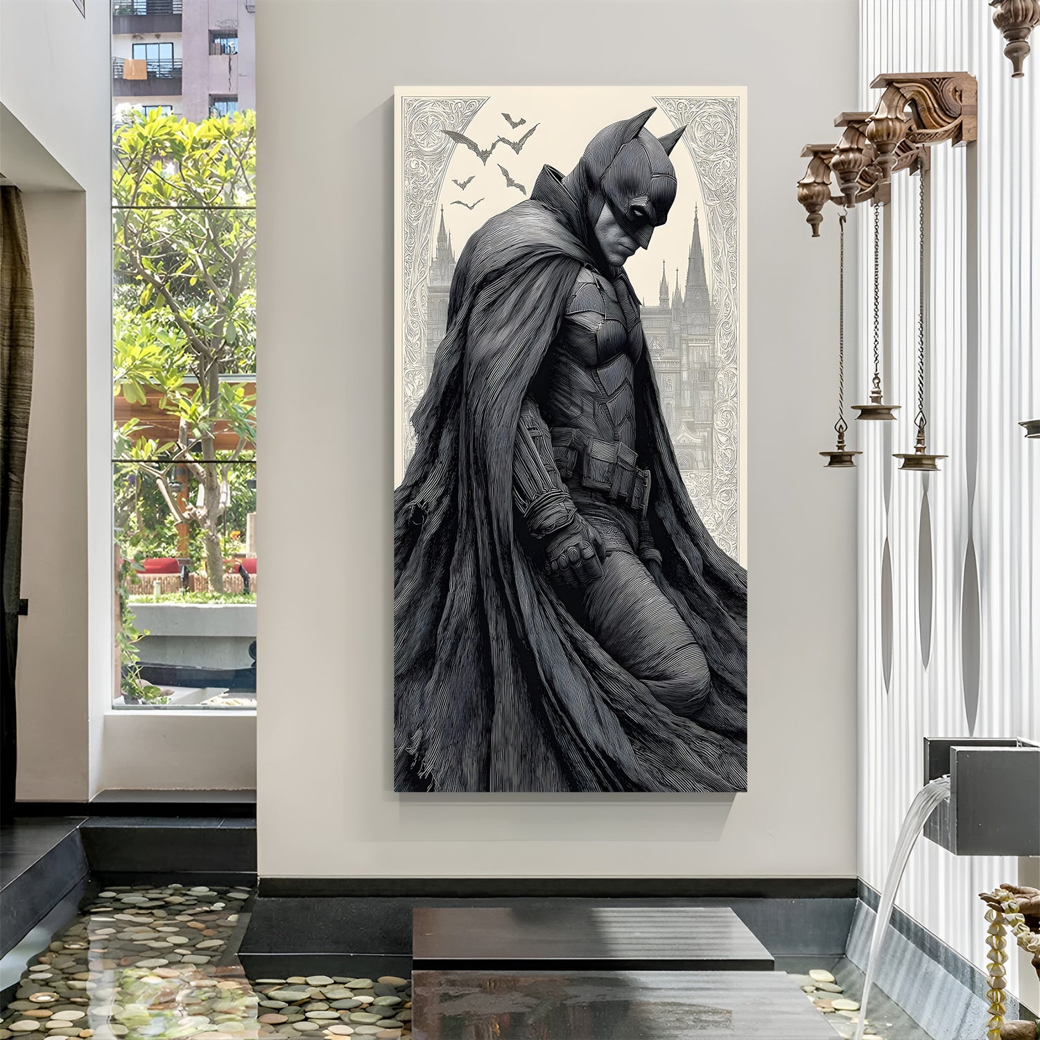 Batman side pose canvas wall art with emotional and reflective expression in premium canvas wrapped frame