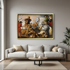 Golden-framed ancient-style hunting artwork—The Wolf and Fox Hunt vintage canvas for bold and classic interiors
