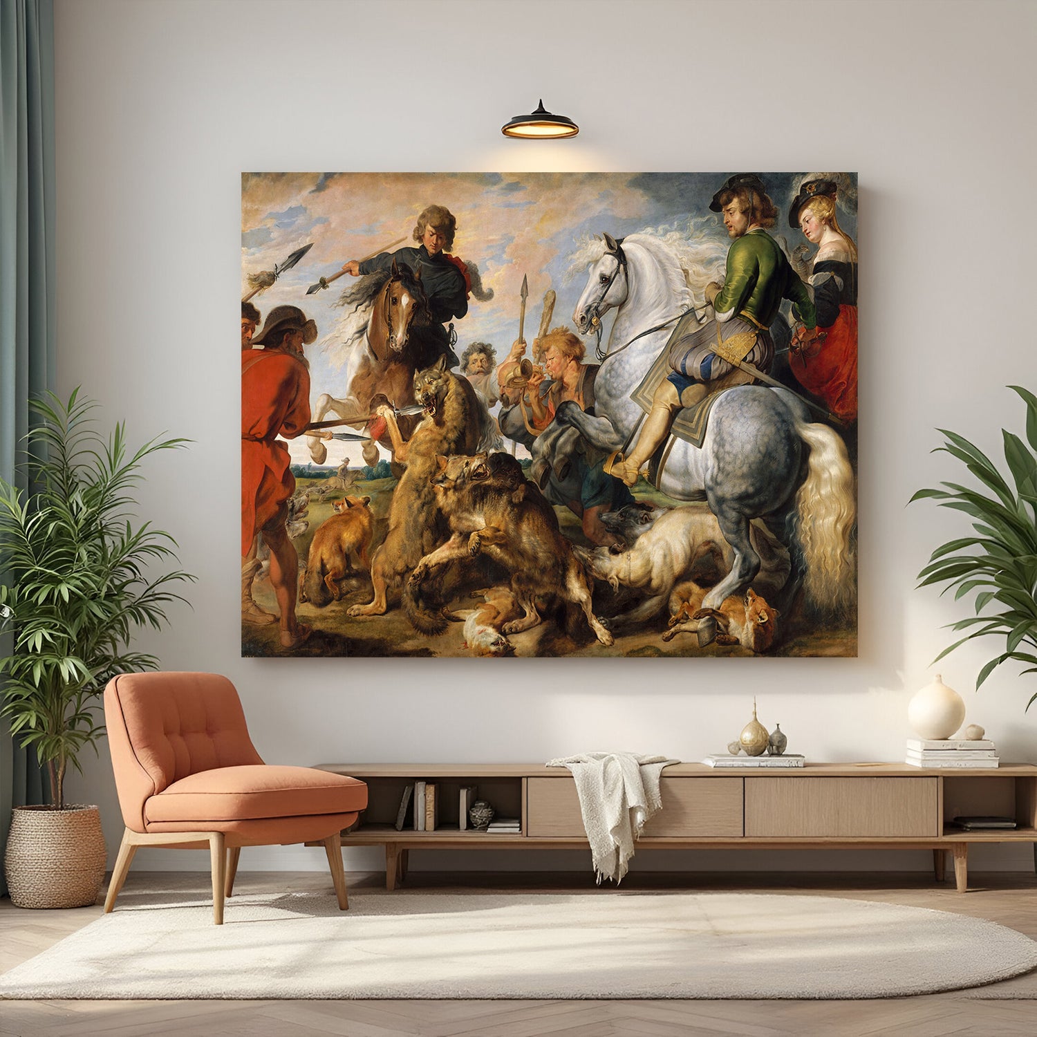 Vintage canvas art of The Wolf and Fox Hunt—baroque-style ancient hunting scene in classic textured style