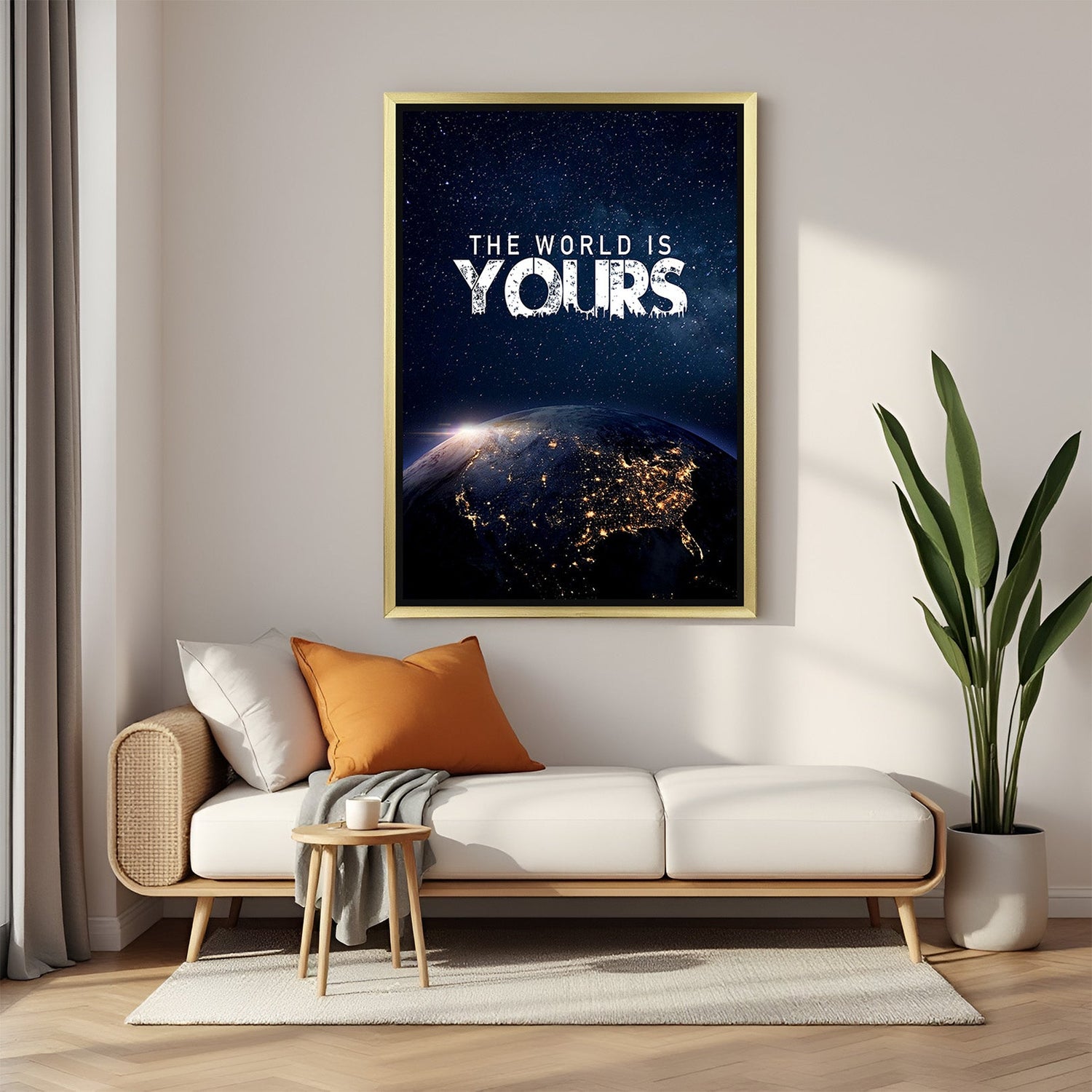 The World Is Yours motivational canvas wall art with golden floater frame