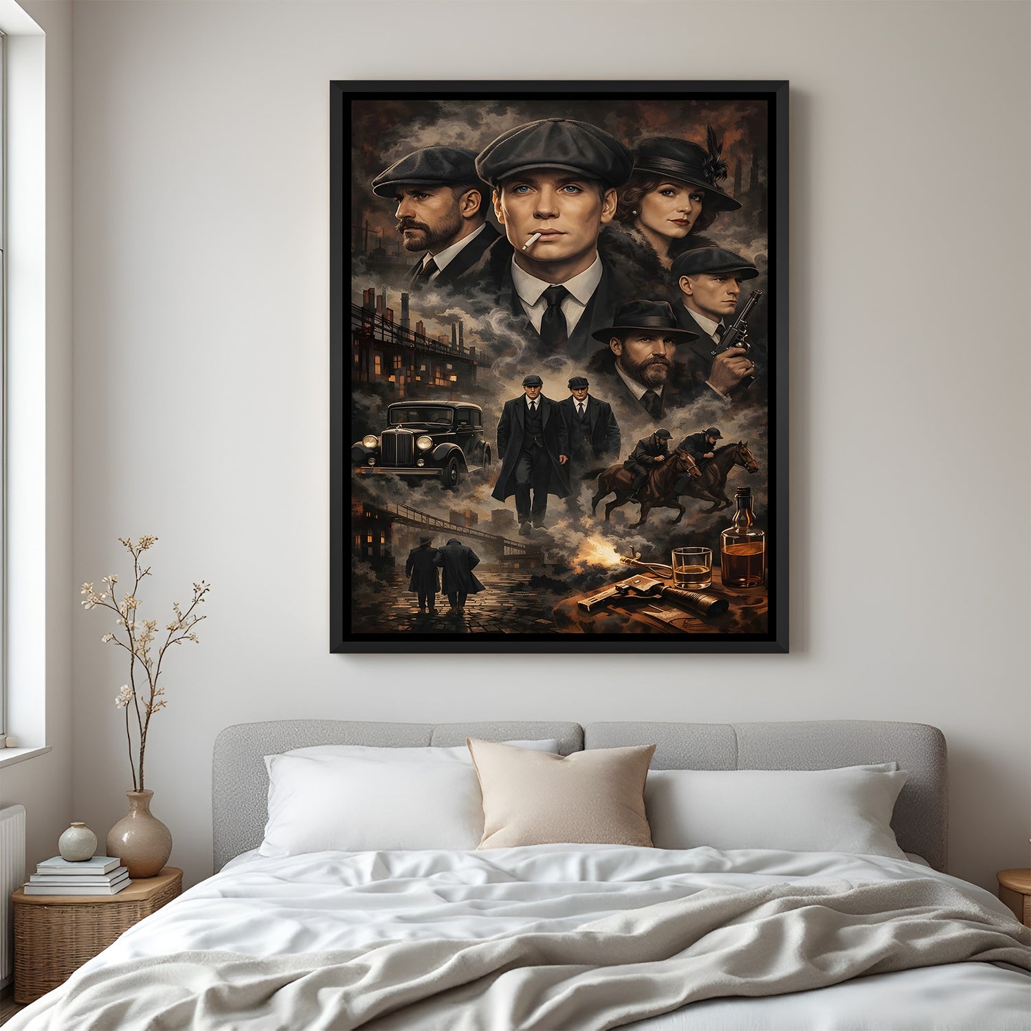 Peaky Blinders Thomas Shelby motivational wall art in elegant black floater frame with cigar smoking cinematic portrait