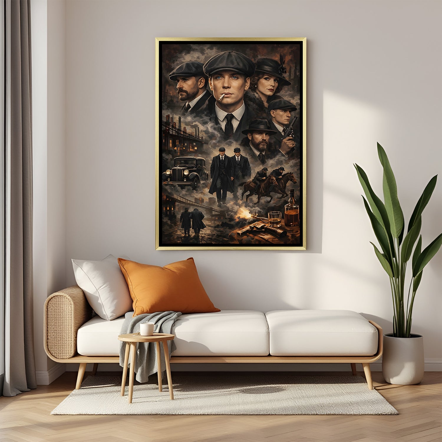 Luxury Peaky Blinders Thomas Shelby canvas artwork in golden floater frame with cigar smoke dramatic gangster theme