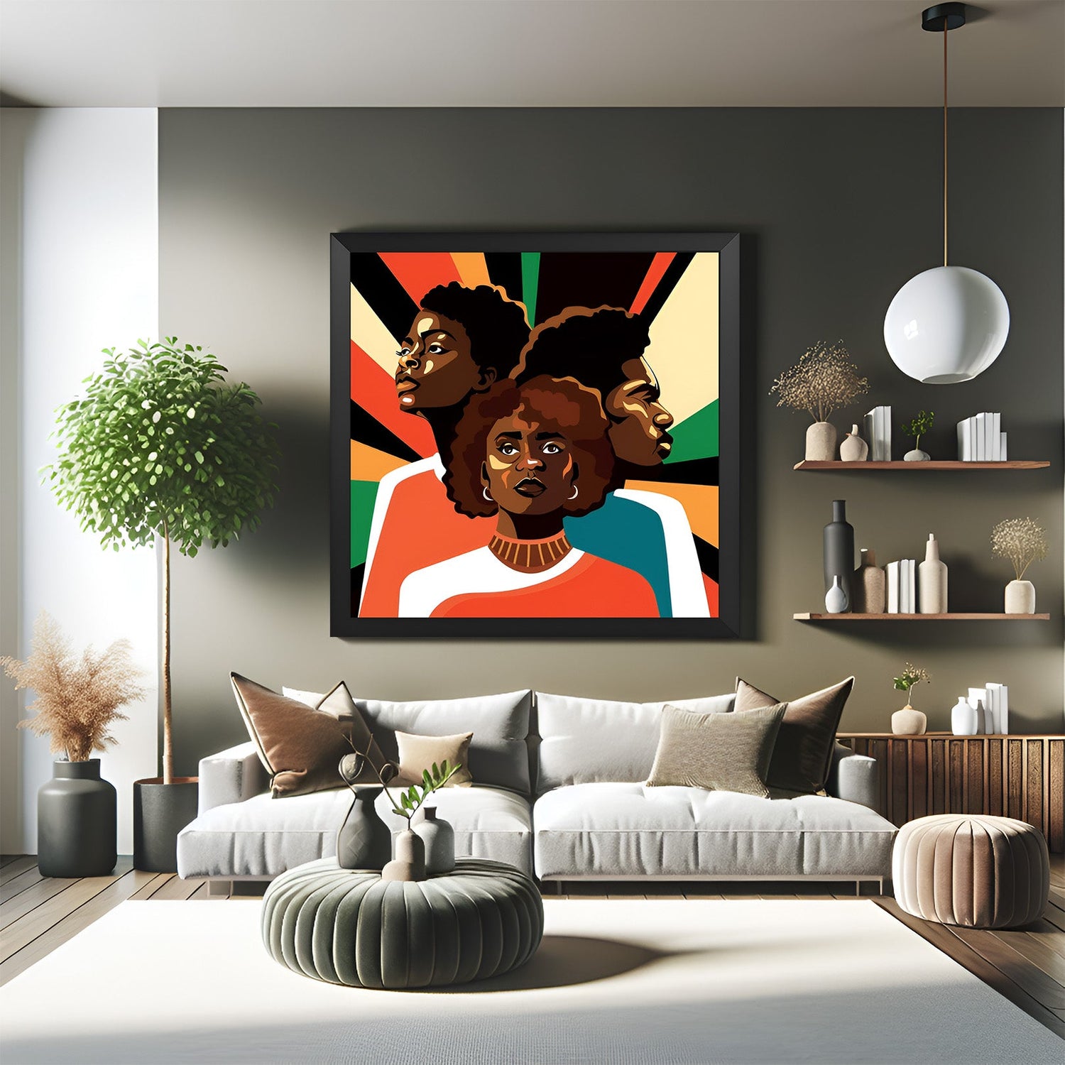 Framed canvas print showing a trio of African individuals in traditional or abstract styling, set in black floater frame for modern interiors