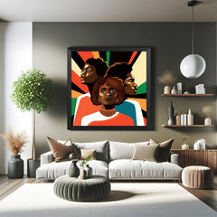 Framed canvas print showing a trio of African individuals in traditional or abstract styling, set in black floater frame for modern interiors
