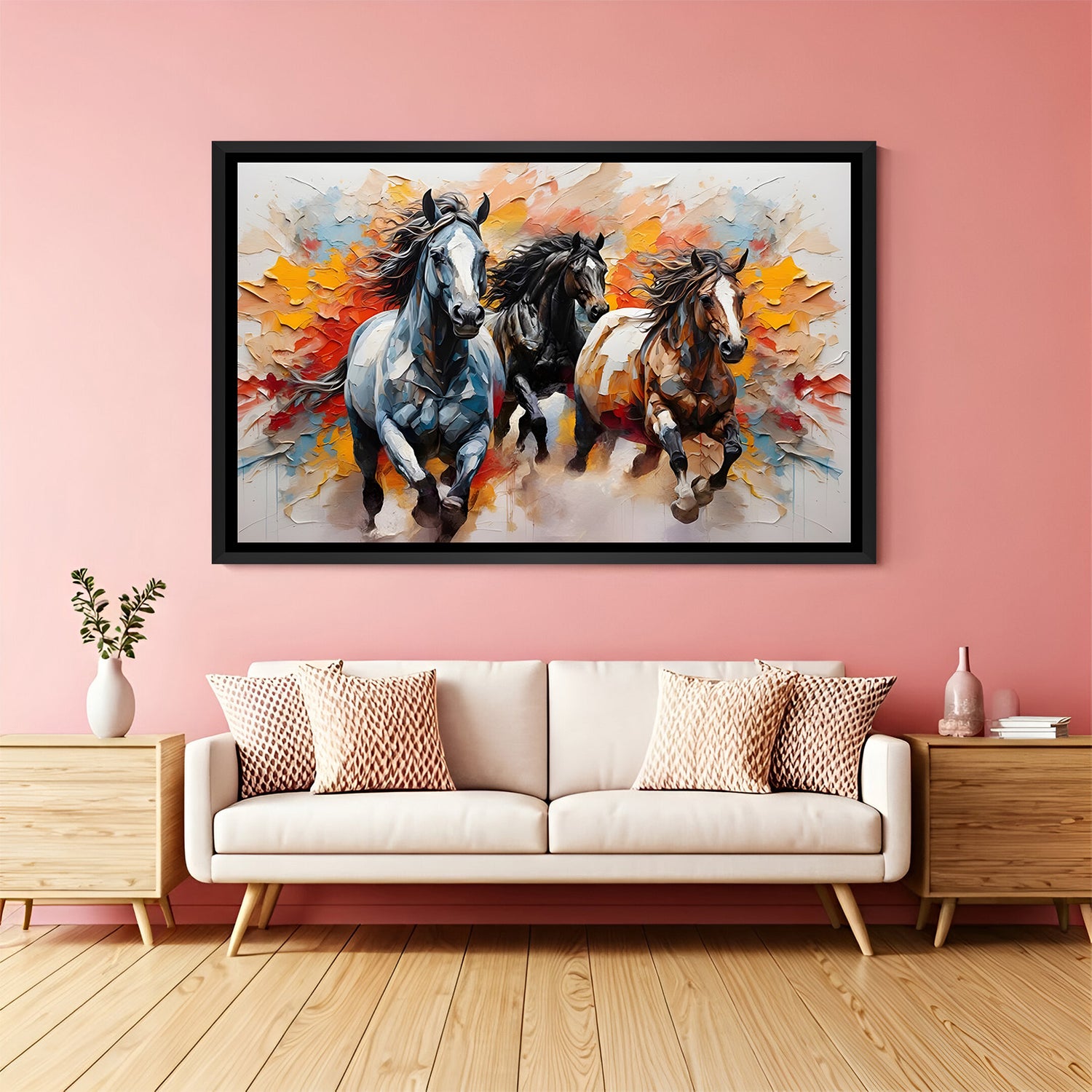 Three running horses wall painting in black floater frame luxury decor