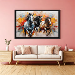 Three running horses wall painting in black floater frame luxury decor