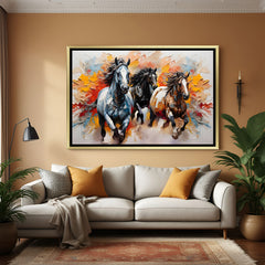 Three running horses artwork in golden floater frame premium wall decor