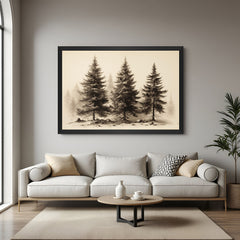 Black-framed minimalist canvas with three trees and faded trees in back—rustic vintage decor
