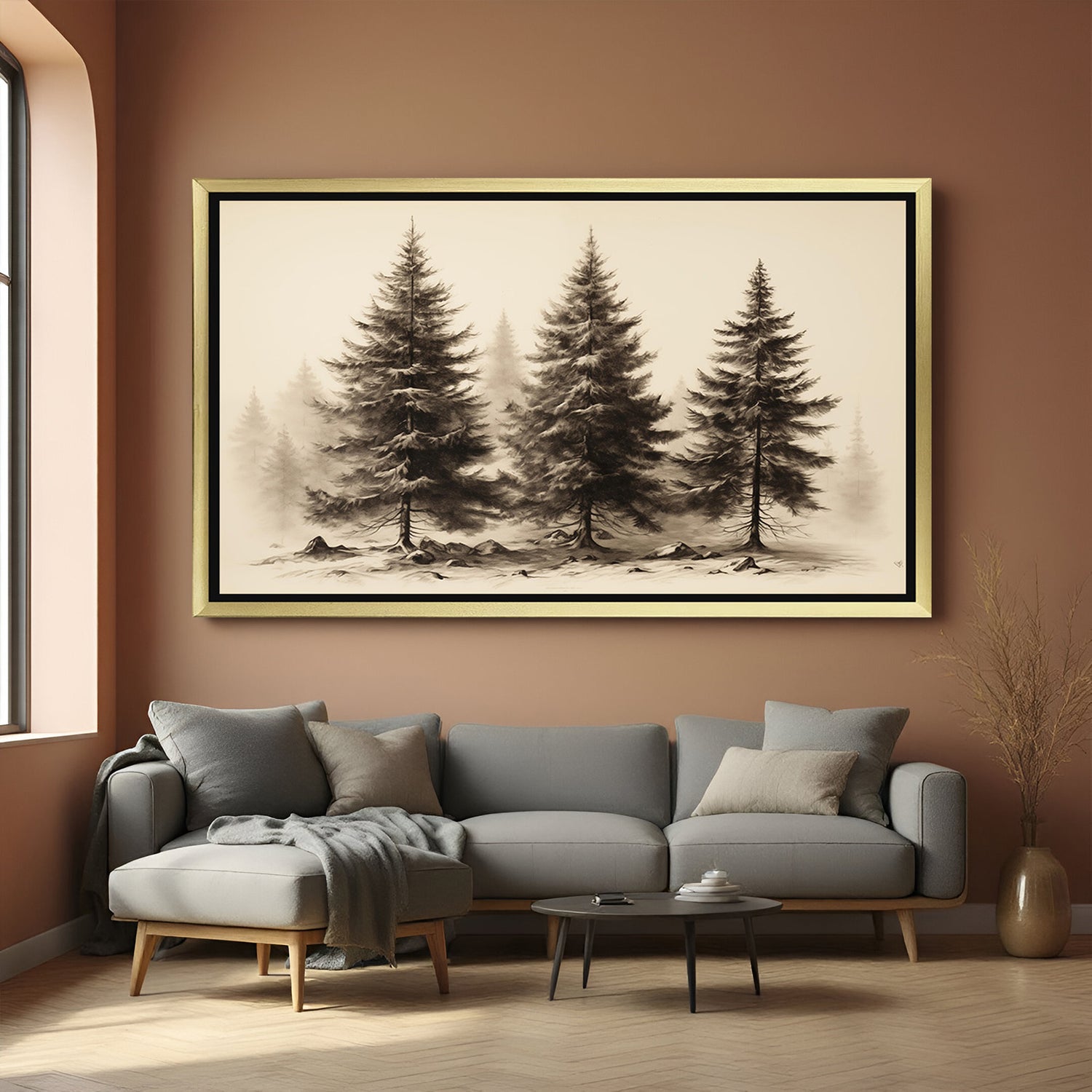 Golden-framed black and white art with aged paper effect and subtle forest scene—vintage wall piece