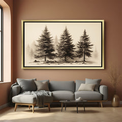 Golden-framed black and white art with aged paper effect and subtle forest scene—vintage wall piece