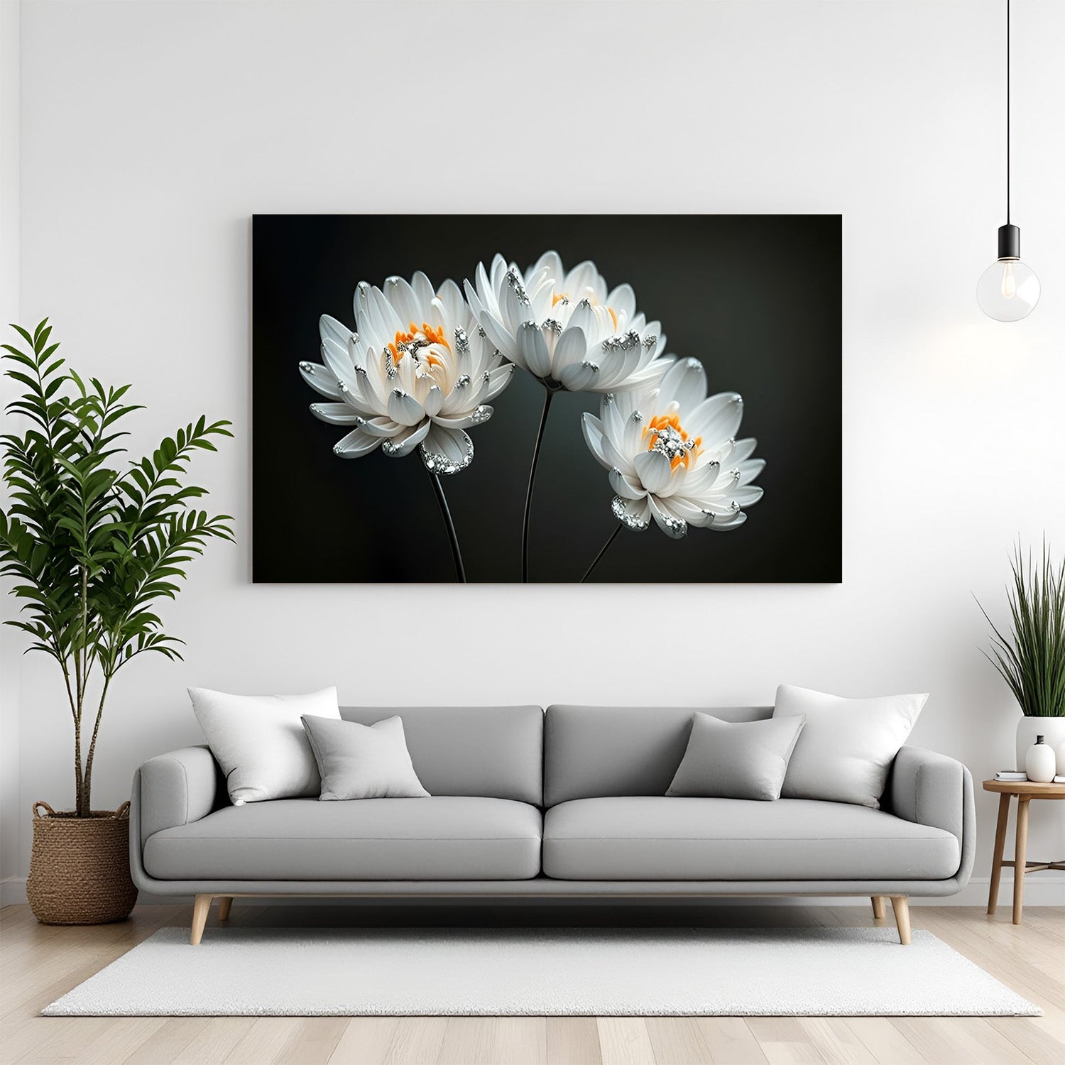 Canvas wall art featuring three white flowers on a black background, perfect for minimal, elegant, and modern interior styling