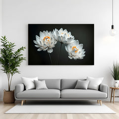 Canvas wall art featuring three white flowers on a black background, perfect for minimal, elegant, and modern interior styling