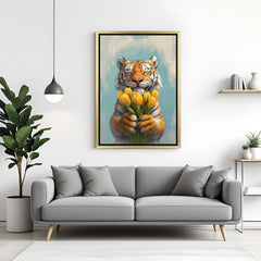 Tiger with flower canvas wall art in golden floater frame, a perfect mix of cuteness and elegance for joyful and soft-themed spaces