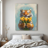 Canvas wall art of a cute tiger holding a flower, perfect for adding sweetness and cheerful animal charm to bedrooms, nurseries, or creative interiors
