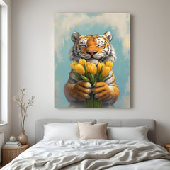 Canvas wall art of a cute tiger holding a flower, perfect for adding sweetness and cheerful animal charm to bedrooms, nurseries, or creative interiors