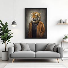 Tiger in winter outfit canvas with black floater frame, ideal for creative offices and interiors that reflect style, strength, and confidence