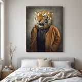 Stylish tiger canvas wall art standing upright in winter clothing, symbolizing power and personality for high-impact modern interior decor