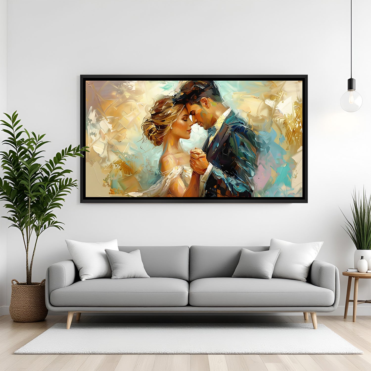 Modern romantic abstract couple painting in black floater frame with textured gold highlights in a contemporary living room setting.