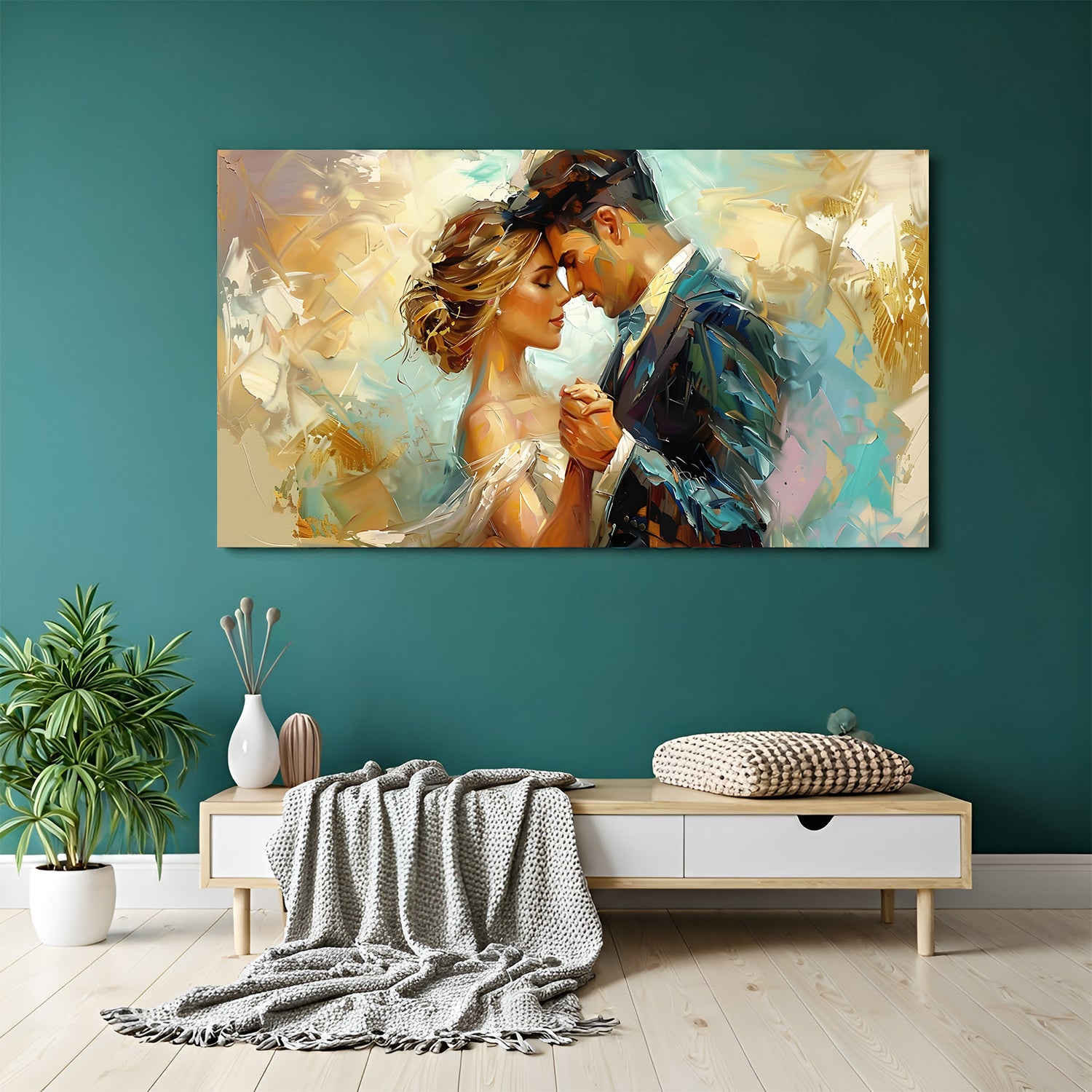 Romantic abstract couple wall art in canvas wrapped frame with soft pastel tones and gold accents displayed on a modern teal wall.