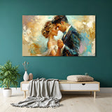 Romantic abstract couple wall art in canvas wrapped frame with soft pastel tones and gold accents displayed on a modern teal wall.