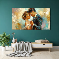 Romantic abstract couple wall art in canvas wrapped frame with soft pastel tones and gold accents displayed on a modern teal wall.